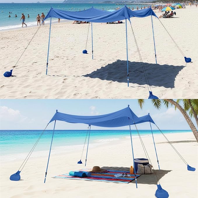 CROWN SHADES 7x7 Beach Tent Sun Shelter Easy Pop Up Beach Canopy Shade Portable Outdoor Carpas UPF50+ Includes 4 Poles Adjustable Aluminium Extra-Large Big Sand Shovel Blue