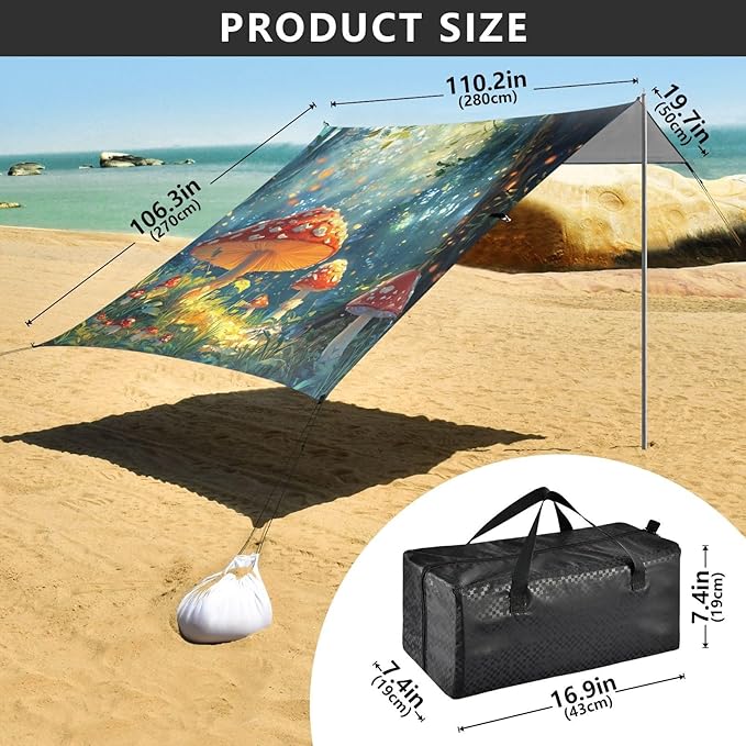 ALAZA Cute Mushroom Forest Beach Tent Sun Shelter Portable Canopy Sunshade for Outdoor Camping Picnics Backyard Fun 10x9 ft