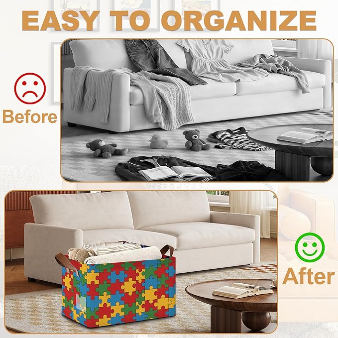 Jigsaw Storage Bins with Handles Collapsible Storage for Clothes Gift Basket Blankets &amp Closet Organization