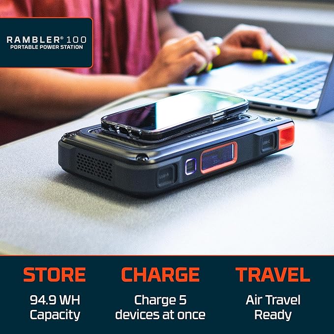 NEBO RAMBLER 100 Portable Power Station | 94.4Wh Capacity 5-Way Output Charging 100W AC Port Integration includes Power Inverter Built-In Floodlight TSA Approved
