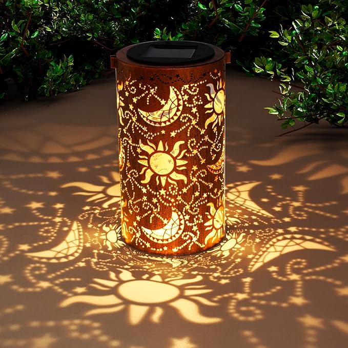 DIBIEECN Mothers Day Gifts for Mom Birthday Gifts Grandma Ladies Solar Lanterns Outdoor Hanging Hollowed-Out Metal Waterproof LED Garden Decor Outside for Patio Yard Porch Sun and Moon 1 Pack