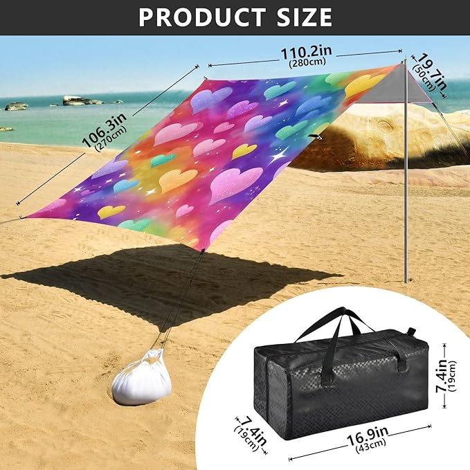 ALAZA Rainbow Love Hearts Stars Beach Tent Sun Shelter UPF50+ Protection Beach Shade Canopy w/ 4 Sandbags for Outdoor Camping Fishing Backyard Fun Picnic 10x9 ft