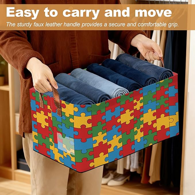 Jigsaw Storage Bins with Handles Collapsible Storage for Clothes Gift Basket Blankets &amp Closet Organization