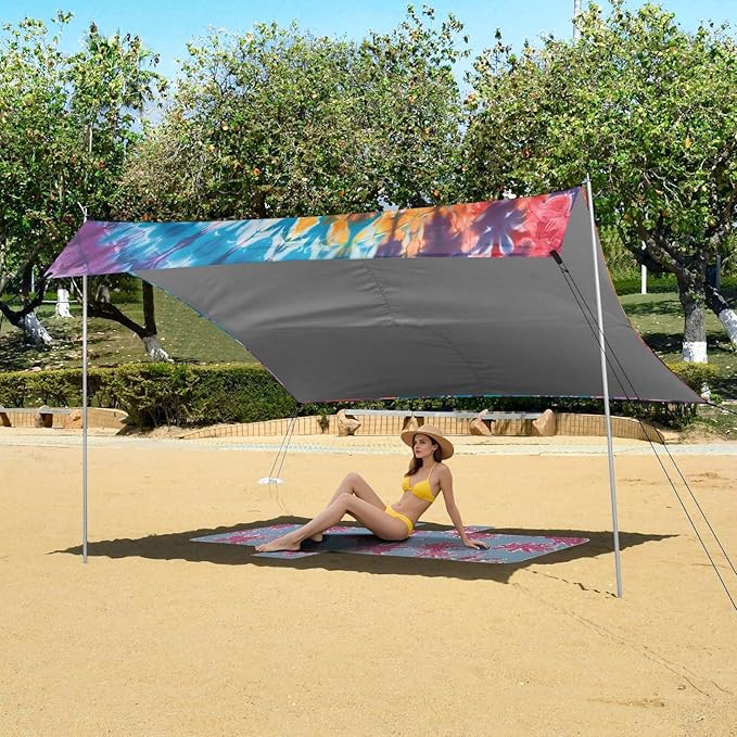 ALAZA Tie Dye Rainbow Color Beach Tent Sun Shelter UPF50+ Protection Beach Shade Canopy w/ 4 Sandbags for Outdoor Camping Fishing Backyard Fun Picnic 10x9 ft