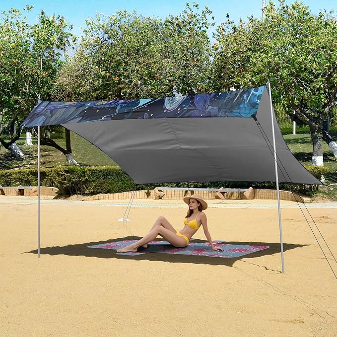 ALAZA Mystical Fox Basketball Beach Tent Sun Shelter UPF50+ Protection Beach Shade Canopy w/ 4 Sandbags for Outdoor Camping Fishing Backyard Fun Picnic 10x9 ft
