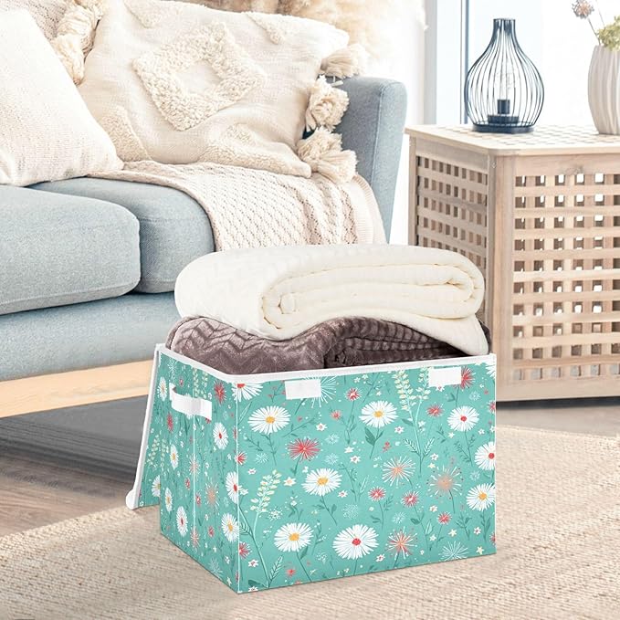 Storage Bins With Lid Stackable Fabric Closet Organizer Clothing Storage Large Boxes For Closet Shelves Bedroom Turquoise Daisy Flower Herb