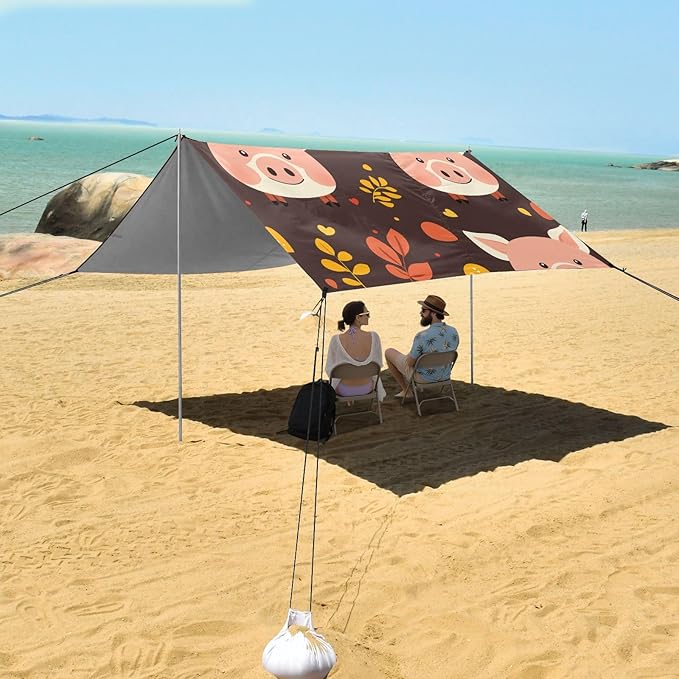 Little Pig Faces Foldable Beach Cabana UPF50 Easy Setup Large Sun Shelter with Sand Shovel for Camping Picnics Backyard
