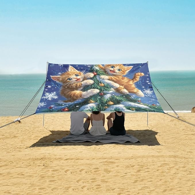 ALAZA Christmas Tree Cat Beach Tent Sun Shelter UPF50+ Protection Beach Shade Canopy w/ 4 Sandbags for Outdoor Camping Fishing Backyard Fun Picnic 10x9 ft