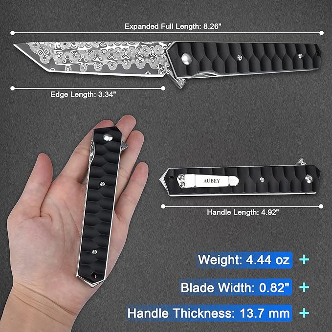 AUBEY Damascus Pocket Knife with Clip Tanto Blade Damascus Steel Folding Knives for Men Tactical Aluminum Handle with Glass Breaker for EDC Camping Gift