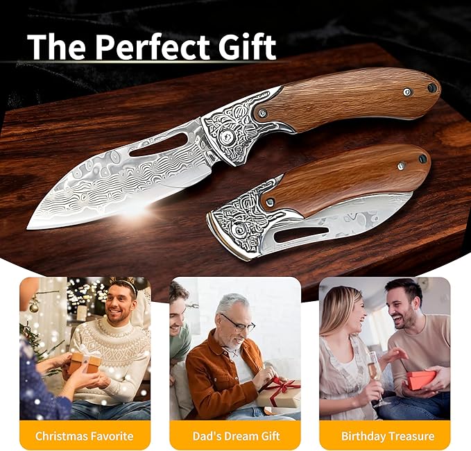 Damascus Steel Folding Knife 7.1 Multi-Purpose Pocket Knife Red sandalwood handle with a sharp blade suitable for cutting meat carving wood and outdoor activities(style B)