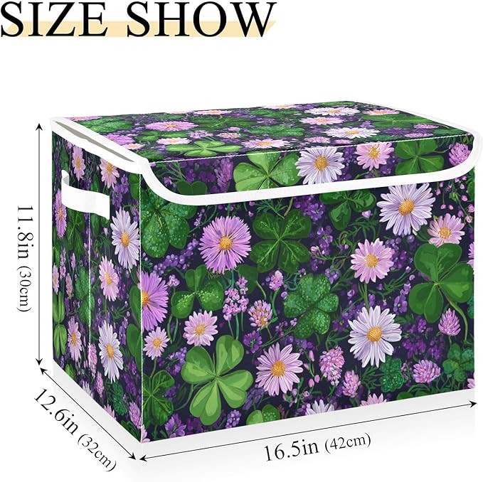 St. Patrick's Day Green Clovers Purple Storage Box with Lid 1 PC Foldable Storage Bin with Lids Stackable Storage Bins Cube Closet Organizer Basket with Flip-Top Lid &amp Handles for Shoes Book