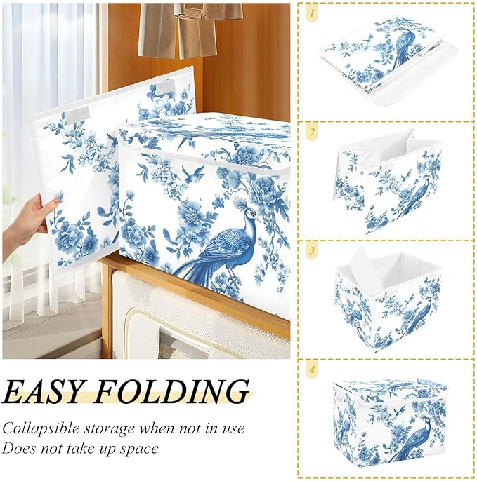 Collapsible Storage Bins with Lids Decorative Fabric Storage Cubes Closet Organizer and Storage Basket Boxes Containers for Clothes Box Chest Nursery Folding Rectangle Chinoiserie Peacock