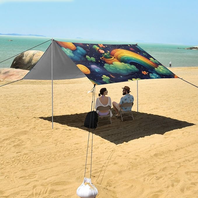 St Patrick's Rainbow Coins Leprechauns Beach Tent Sun Shelter Set UPF50+ UV Protection 10.5 x 9.19 FT Camping Shade Canopy with Sandbags Sand Anchors Carrying Bag and Others