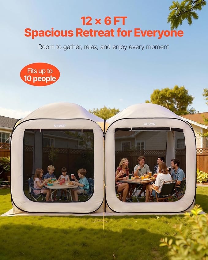 VEVOR Pop up Screen House Tent 12 x 6 ft 2 in 1 Screen Gazebo Portable Screened in Canopy with Carry Bag Netting Sides Ground Stakes for Garden Patio Backyard and Outdoor Activities Beige