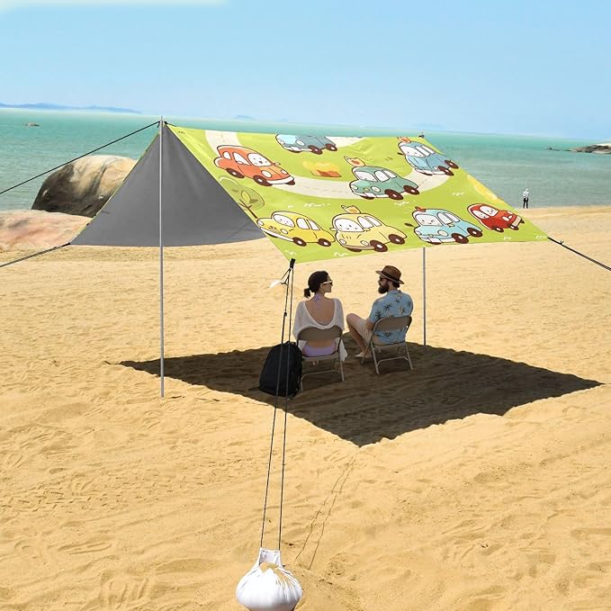 Cute Cartoon Cars Doodle Style Beach Canopy UPF50 Easy Setup Sun Shelter with Sand Pockets for Camping Picnics Backyard &amp Fishing