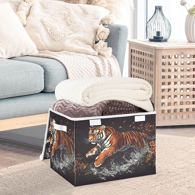 AIXIWAWA Lidded Storage Cube (Floral Animal) Fabric Foldable Closet Bins with Flip Lid and Handles Organizer Basket Container 16.5 x 12.6 x 11.8 IN
