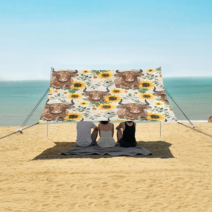 ALAZA Sunflower Highland Cows Pattern Beach Tent Sun Shelter Portable Canopy Sunshade for Outdoor Camping Picnics Backyard Fun 10x9 ft