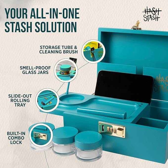 The OG Stash Storage Box - Large Bamboo Box with Combination Lock Magnetic Lid Organizer Tray 3 Jars Brush and Tube - Decorative Wooden Locked Storage Box with Accessories (Teal/Gold)