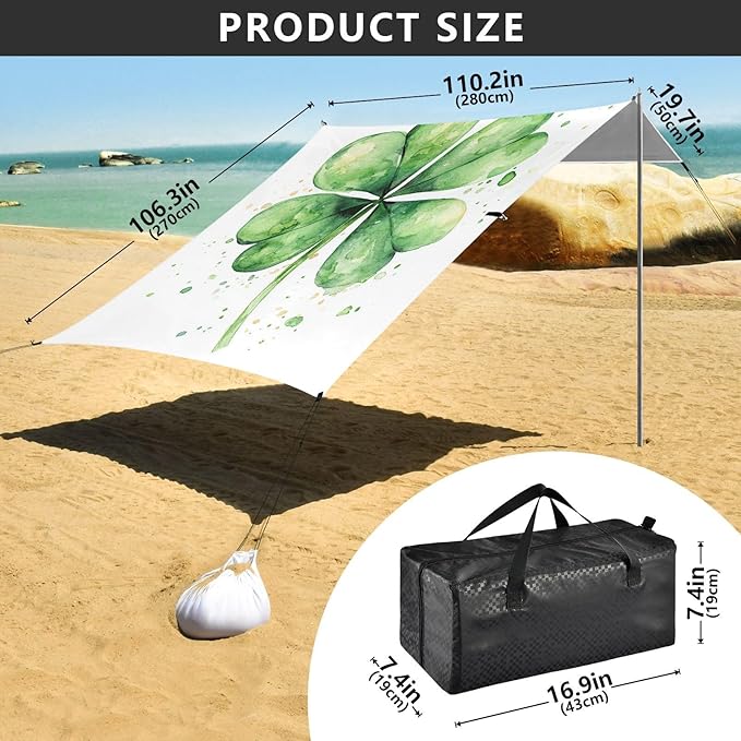 ALAZA Watercolor Green Clover Saint Patrick Holiday Beach Tent Sun Shelter Portable Canopy Sunshade for Outdoor Camping Picnics Backyard Fun 10x9 ft