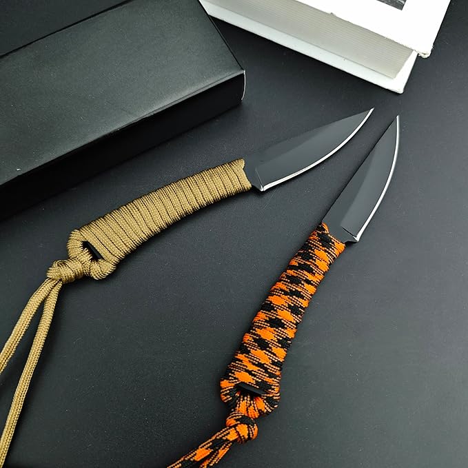 Portable EDC Fixed Blade Knife2.8'' 8Cr13Mov Steel BladeNylon Rope Handle with Kydex Sheath and PocketclipGifts for Men WomenLightweight Full Tang Knives for Camping Hiking Fishing (Orange)