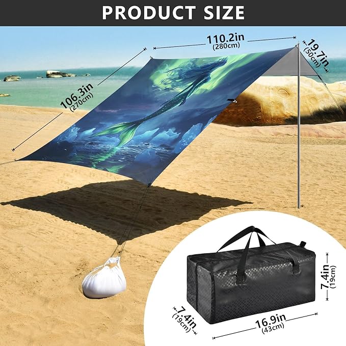 ALAZA Mermaid Northern Lights Beach Tent Sun Shelter UPF50+ Protection Beach Shade Canopy w/ 4 Sandbags for Outdoor Camping Fishing Backyard Fun Picnic 10x9 ft
