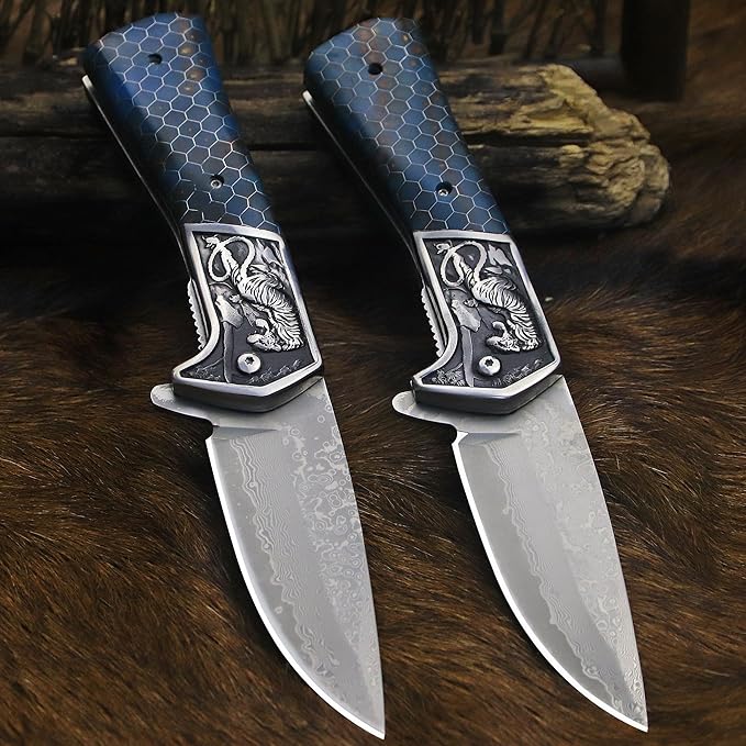 BA-KOR B21A Devil Tiger (XL) 248mm Damascus pocket knife featuring stainless steel and resin aluminum honeycomb-pattern handle &amp(5.9IN) cerium igniter suitable for both men and women as a campin