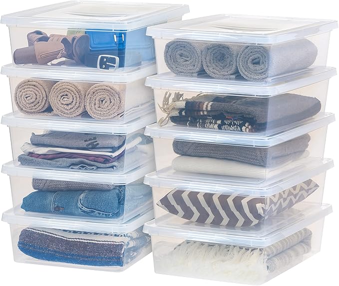 IRIS USA 10-Pack Storage Bins with Lids 28 Quart Shoe Boxes Clear Stackable Containers Organize Shoes Closet Shelves Classroom Organization Teacher Tools Game Storage - BPA-Free Plastic