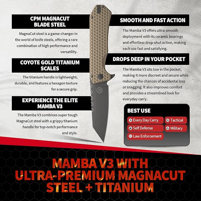 Off-Grid Knives - MAMBA V3 Large EDC Knife with MagnaCut Blade Steel Titanium Scales and Hardware Manual Ball Bearing Flipper Four Finger Grip Deep Pocket Carry (Coyote Gold)