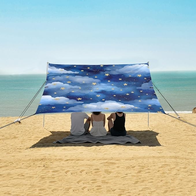 ALAZA Blue Clouds Stars Beach Tent Sun Shelter UPF50+ Protection Beach Shade Canopy w/ 4 Sandbags for Outdoor Camping Fishing Backyard Fun Picnic 10x9 ft