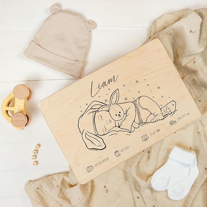 Creative Deco Personalized Wooden Storage Box Baby Memory Box | 11.8x7.87x5.51in (+-0.5) | Hinged Lid Handles Engraving | Boy Girl Birth Baptism | Gift Box | Rough UNSANDED Keepsake Souvenir Chest