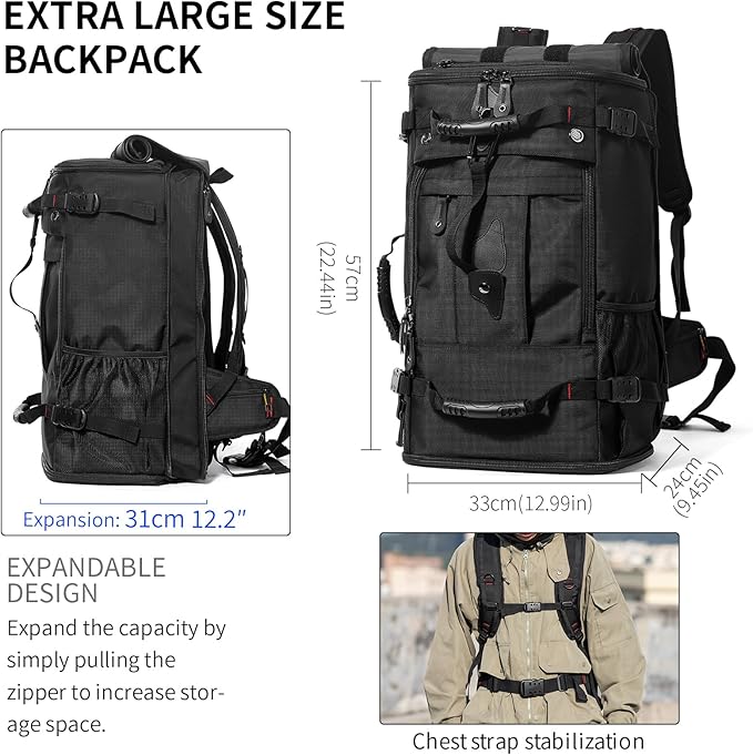 YOUMIAN Large Capacity For Travel Hiking Sports Carry On Backpack Durable Convertible Duffle Bag Laptop airplane (Black 60L-Large DualMainOpening)