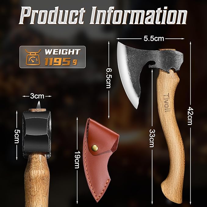 Tivoli Camping Hatchet Axe with Sheath – 16.5 High Carbon Steel Axe with Beech Wood Handle – Bushcraft Hatchet &amp Wood Splitting Axes for Gardening Carving Outdoor Adventures – Gift for Men