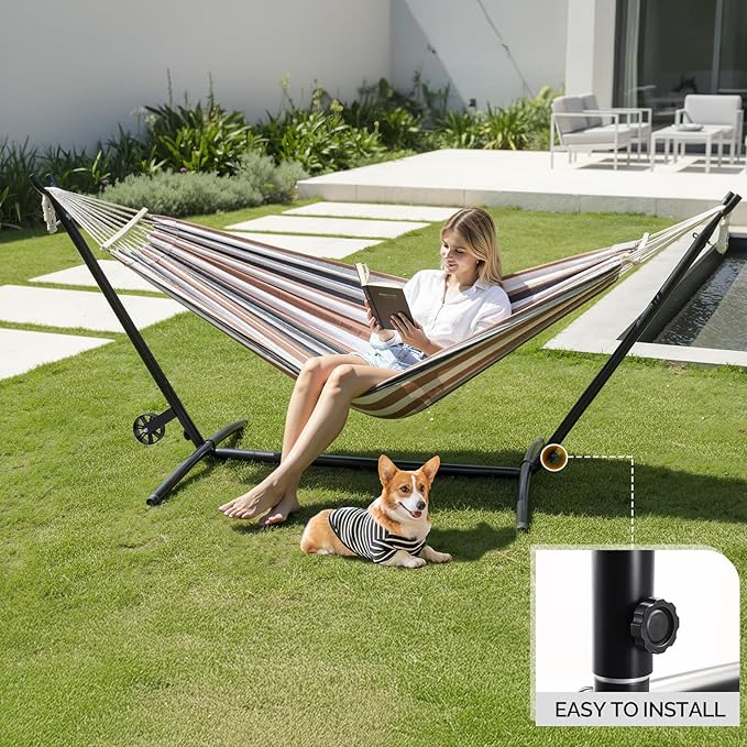 ONCLOUD Outside Hammock with Stand Portable Hammock Set with Wheel for Camping Backyard Heavy Duty Hammock with Carry Bag&amp2 Wooden Combs 440LBS Coffee Brown