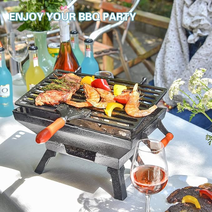 Sungmor Compact Cast Iron Charcoal Grill - Tabletop BBQ Grill with Adjustable Grate &amp Wooden Handles 12” x 7” Ideal for 1-3 People - Portable Heavy-Duty Grill for Camping Balcony &amp Small Spa
