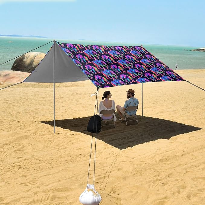 ALAZA Rainbow Elephant Beach Tent Sun Shelter UPF50+ Protection Beach Shade Canopy w/ 4 Sandbags for Outdoor Camping Fishing Backyard Fun Picnic 10x9 ft