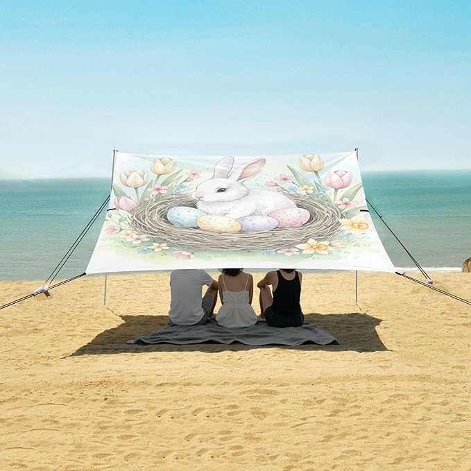 Beach Canopy with Windproof Ropes &amp Sandbags Beach Tent Sun Shade Sun Shelter for Camping Trips Fishing Backyard Fun or Picnics Easter Bunny