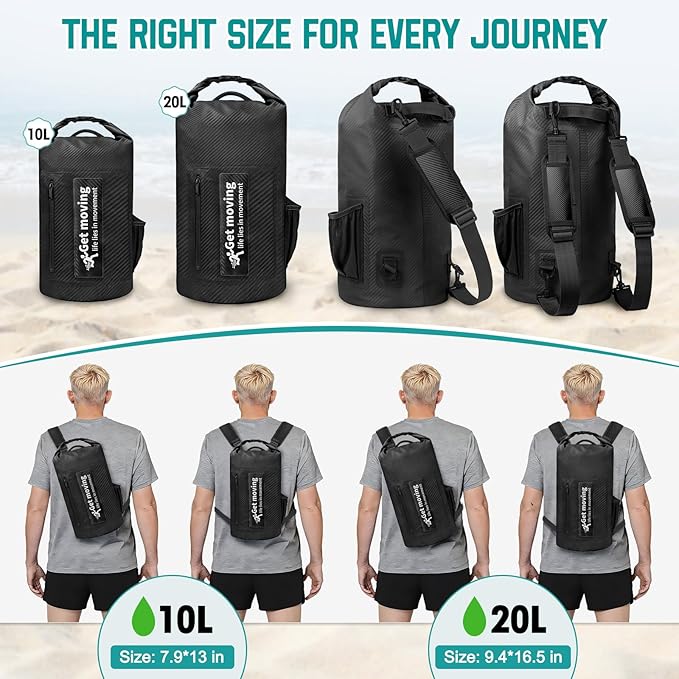 BKNOOU Dry Bag Waterproof Backpack for Women Men 10L/20L Roll Top Lightweight Dry Storage Bag Backpack for Travel Kayaking Boating Rafting Camping Hiking and Beach with Phone Pouch