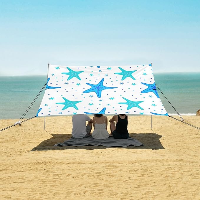 xigua Starfish Beach Tent Sun Shelter with Carrying Bag - Silver Coated Oxford Fabric Beach Canopy for Beach Camping Fishing - Includes Windproof Ropes Sandbags &amp Stakes
