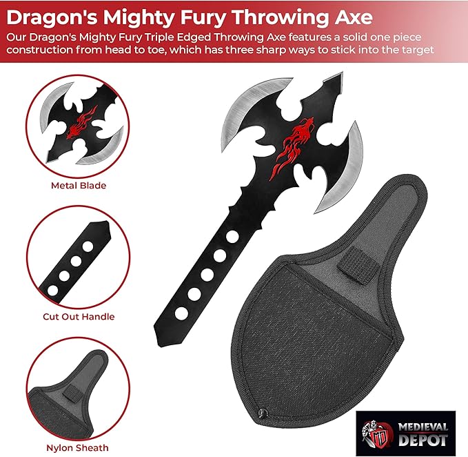 MedievalDepot Dragon's Mighty Fury Triple Edged Throwing Axe - Overall 8 Metal Black Anodized