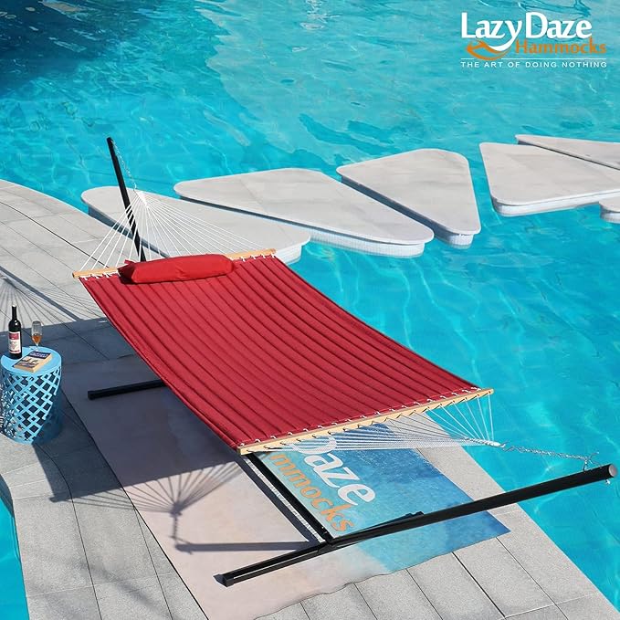 Lazy Daze Hammocks 12 FT Double Quilted Fabric Hammock with Spreader Bar and Detachable Pillow 2 Person Hammock 450lbs Weight Capacity Burgundy