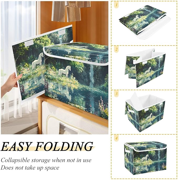 Storage Cube with Lid Lake White Horse Print 16.5×12.6×11.8 IN 1 Pack Collapsible Large Capacity Foldable Storage Basket Bin Organizer