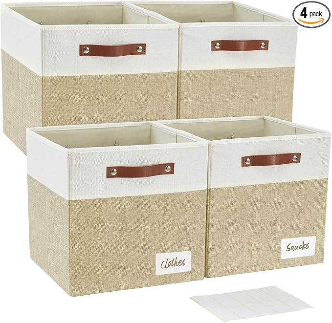 13x15x13 Storage Cube Bins Foldable Storage Organizer Baskets Fabric Cube Storage Boxes with 2 Reinforced PU Handles for Kallax Shelves Living Room | 4 Pack Beige &amp White