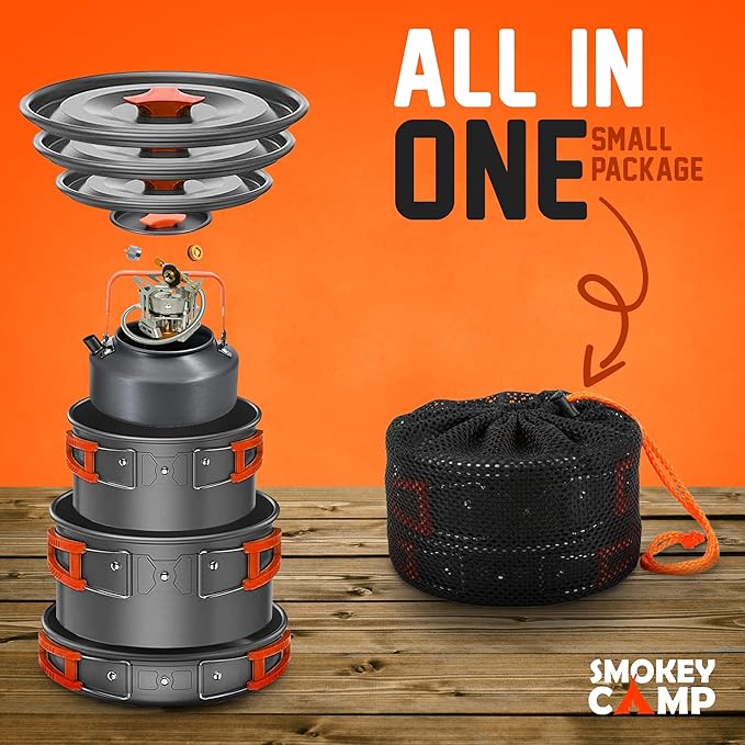 Smokey Camp Camping Cookware Mess Kit Set with Stove - Backpacking Camping Pots and Pans Set All in One Non-Stick Camping Cooking Set Portable Stove Hiking Picnic Outdoor &amp Camping Cookware S