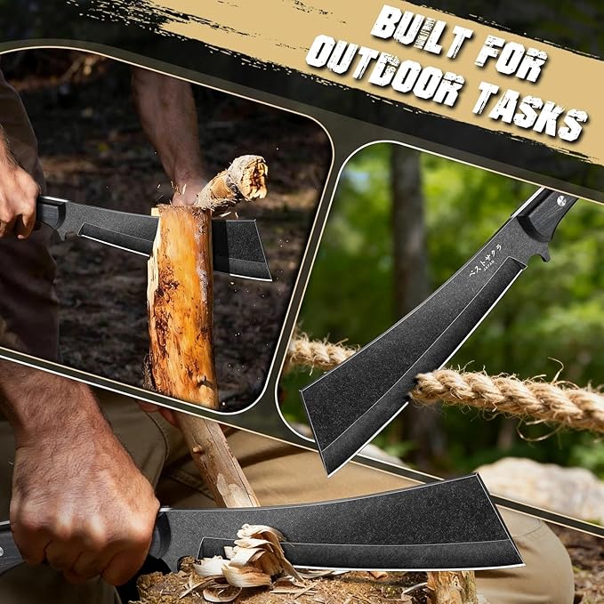 Freelander Japanese Machete for Cutting Trees Heavy Duty Full Tang Black Survival Machete Knife with Wooden Sheath for Yard Work Gardening Camping and Bushcraft Gifts for Men