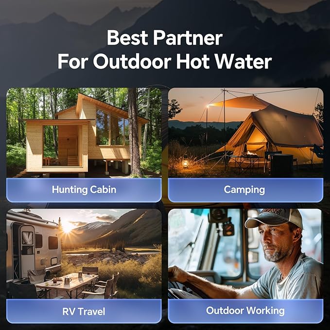 Ranein Portable Propane Water Heater for Camping On-Demand Outdoor Hot Shower Built-In 4000mAh Rechargeable Battery Compact Instant Hot Water Heater