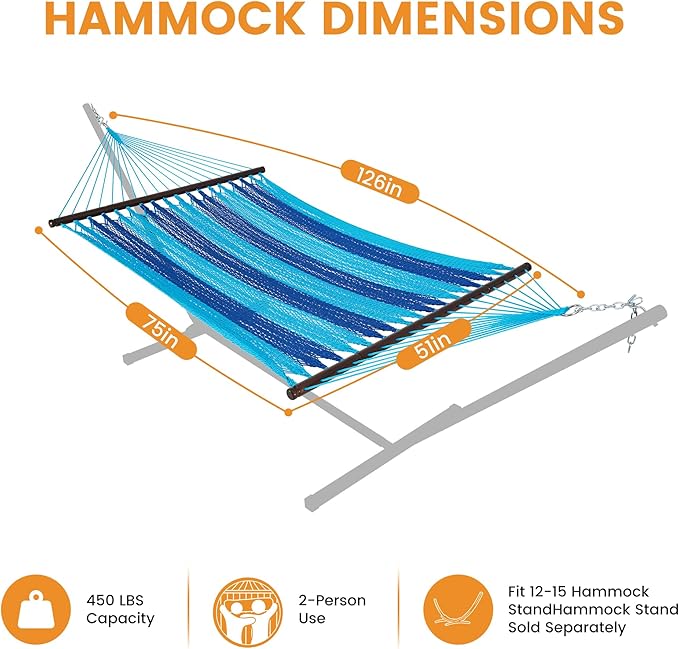 Lazy Daze Hammocks 10.5 FT Double 2 Person Caribbean Rope Hammock Hand Woven Polyester Hammock with Spreader Bars for Outside Outdoor Backyard Patio Poolside 450 LBS Capacity Blue/SkyBlue