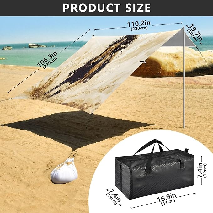Running Western Cowboy Beach Tent Sun Shelter Set UPF50+ UV Protection 10.5 x 9.19 FT Camping Shade Canopy with Sandbags Sand Anchors Carrying Bag and Others