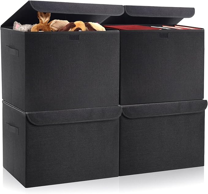 Bagnizer Large 22 Quart Linen Fabric Foldable Storage Bin Cube Organizer Basket with Flip-Top Lid &amp Handles Clothes Blanket Box for Home Office Closet Black 4 Pack 14.6 x 9.5 x 9.5”