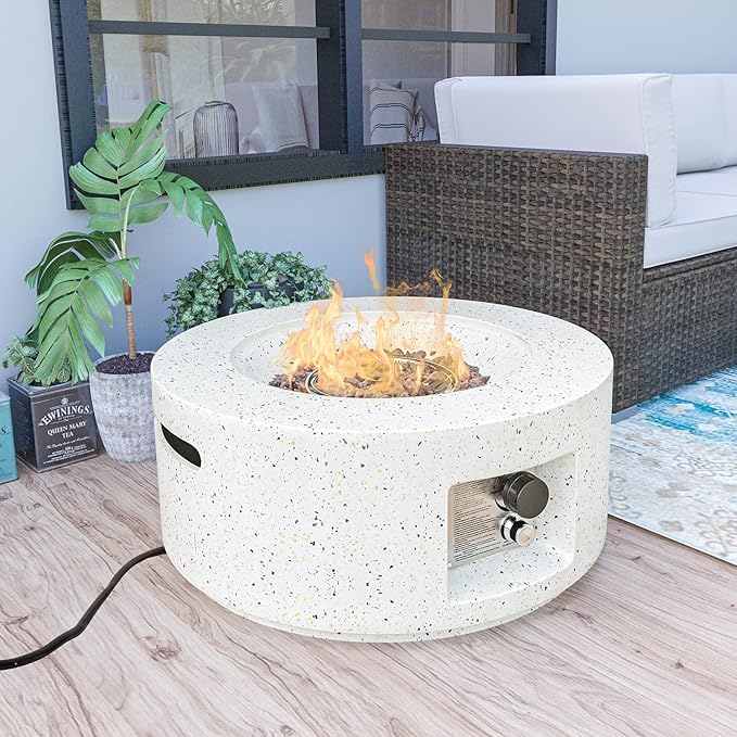 HOMPUS Outdoor Propane Fire Pit 40000 BTU 28-inch Round White Terrazzo Concrete Fire Table Gas Fire Pit w Lava Rocks and Rain Cover for Outdoor Deck or Backyard