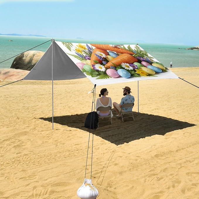 Beach Canopy with Windproof Ropes &amp Sandbags Beach Tent Sun Shade Sun Shelter for Camping Trips Fishing Backyard Fun or Picnics Easter Bunny